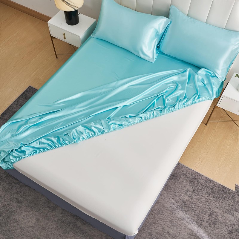 JHCHMX Satin Blue Fitted Sheets King Bed,Deep Pocket Soft Bed