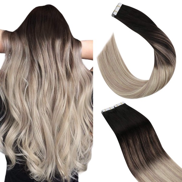Ugeat Remy Hair Extensions Tape in Hair 24 Inch Seamless Skin Weft Hair Extensions 50G 20Pcs Tape in Real Hair Extensions Ombre #2 Brown to #18 Blonde with #60 Blonde Glue in Extensions