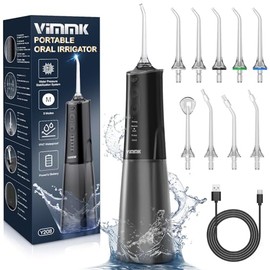 VIMMK - Hilo de agua portátil con 5 modos y 9 puntas de chorro, hilo dental recargable de 300 ml para dientes, hilo dental impermeable IPX7, irrigador oral inalámbrico para viajes en casa, color negro