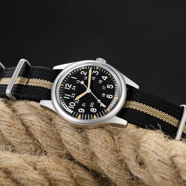 Militado ML07 36mm VH31 Quartz Watch - Sweep Second Crystal Field Watch C3 Green Luminous Retro Sweep Wrist Watch for Men 100M Waterproof (Black/Sapphire Crystal)