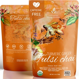Organic Turmeric Ginger Tulsi Chai Tea | Loose Leaf | Ayurvedic Superfood Blend | Herbal and Caffeine-Free | 55+ Cups | KSA Kosher | 4 oz
