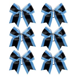Cheerleader Bows 8 Inch Comb Color Cheerleader Ponytail Holder with Rhinestones, Set of 6 (Columbia Blue/Black)