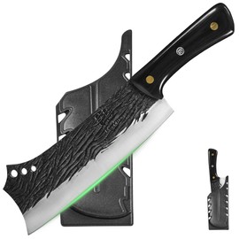 FULLHI Butcher Knife Hand Forged heavy Meat Cleaver bbq Chef Knife with Sheaths Black High Carbon Steel Meat Cutting Kitchen Knife Set for Kitchen Camping BBQ Gifts Idea Men (Black, 8.3 inch)