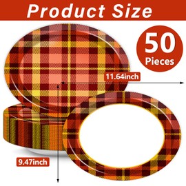 Lonfliness 50Pcs Fall Thanksgiving Plaid Plates Disposable Paper Red Orange Checkered Party Decorations Supplies 11 Inch Autumn Oval Plate Platter Dish Tray, Gingham Fall Harvest Tableware Dinnerware