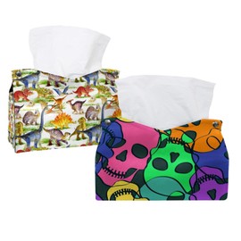 2 Pack Tissue Box Cover Holder, Colorful Skulls Rectangle Leather Tissue Case, Decorative Organizer for Tabletop, Bathroom, Car, Office