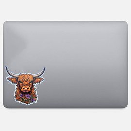 Floral Highland Cow Aesthetic Vinyl Sticker – Waterproof 5-Inch Decal for Cars, Bikes, SUVs, Trucks, Helmets, Laptops, Water Bottles, Notebooks, Guitars, and More