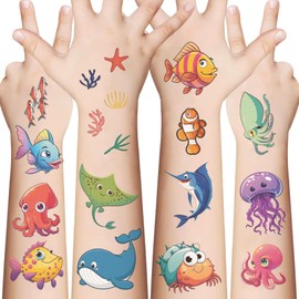 10 Sheets Ocean Fish Temporary Tattoos for Kids, Sea Animal Birthday Party Favors, Cute Cartoon Decoration Sticker Gifts for Girl Boys Home Activity Class Prizes Carnival Christmas Rewards