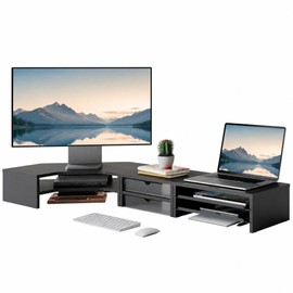 Fenge Dual Monitor Stand, 2-Tier Corner Monitor Riser with Drawer and Slide-out Tray, Triangle Desktop Shelf Organizer for Laptop Computer Printer Home Office Desk, Black