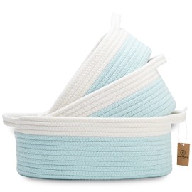 NaturalCozy 3-Piece Oval Storage Basket Set–Natural Rope Woven Baskets for Storage, Gift Basket Empty, Toy Basket, Soft Baby Basket for Nursery, Cat Dog Toy Baskets, Small Basket (Off White Turquoise)