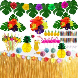 SEMETOR Tropical Luau Party Decorations Set Hawaiian Beach Theme Party Favors Luau Party Supplies with 9ft Luau Grass Table Skirt, Palm Leaves, Hibiscus Flowers, 3D Fruit Straws, Flamingo and Pineapple Dcors