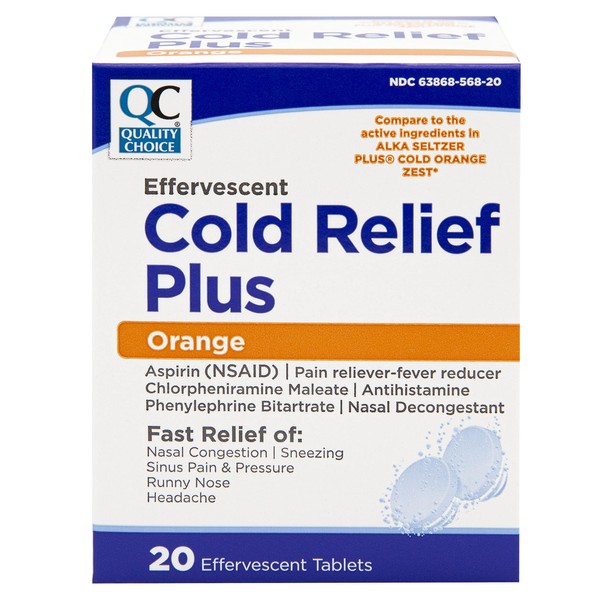 Quality Choice Cold Medicine, Effervescent Cold Relief Plus Orange, Pain Reliever & Fever Reducer, Congestion, Sneezing, Sinus Pressure, Runny Nose, and Head Ache Relief in 20 Count Flavored Tablets