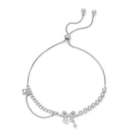 LIU JUN Bow Zircon Bracelet - Friendship is Like a Bow, Adjustable Best Friends Ribbon Heart CZ Bestie Charm Gift Jewelry For Women (CZ Bow Box Chain Silver)