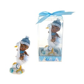 Lunaura Baby Keepsake - Set of 12 "Boy" Black Ethnic Baby Sitting on Stork Favors - Blue
