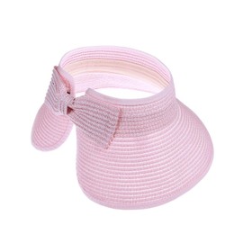 Girls Roll Up Straw Sun Visor, Wide Brim UV Protection Beach Hat with Bowknot and Adjustable Hook and Loop, Paper Straw, 4-Inch Brim(Pink)