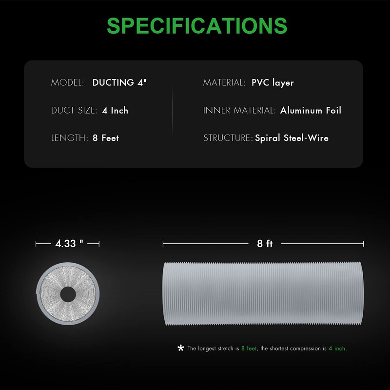 iPower Flexible 4 Inch 8 Feet Aluminum Ducting 4 Layer