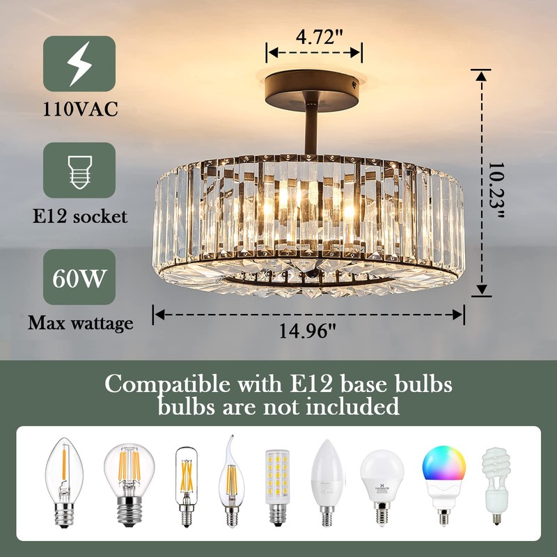 DAFKOS 4 Lights Modern Crystal Chandelier Black Round Semi Flush