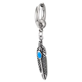 Mens Womens Stainless Steel Huggie Hinged Hoop Earrings, Dangling Feather Leaf with Turquoise