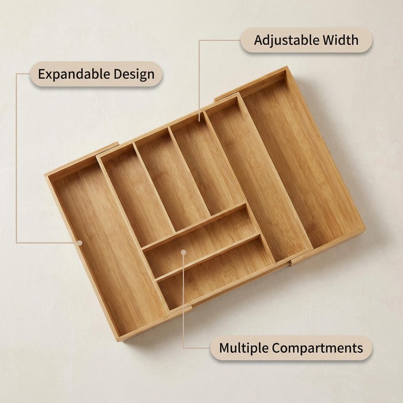 Klabelle Bamboo Drawer Organizer - Expandable Kitchen Utensil Holder, Adjustable
