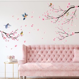 Removable Cherry Blossom Flowers Wall Decals Pink Flower Tree Branches Wall Stickers DIY Peel and Stick Hand Painted Peach Floral Birds Wall Decor for Kids Girls Bedroom Living Room Nursery Decoration