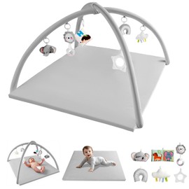 TINYHARBO Baby Play Gym with Soft Foam Mat – Velvet Tummy Time Mat 34"x34", Sensory Baby Activity Mat for Infant Development, Machine Washable & Non-Slip, 6 Toys with Mirror, Crinkle Book & Rattle