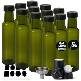 WERTIOO Hot Sauce Bottles, 12 Pack 8.5 OZ Bottle with Leak Proof Screw Caps, Glass Light-Blocking Bottles with Caps Shrink Capsules for Oil, Vinegar, Syrup, Salad Dressing, Juicing, Green