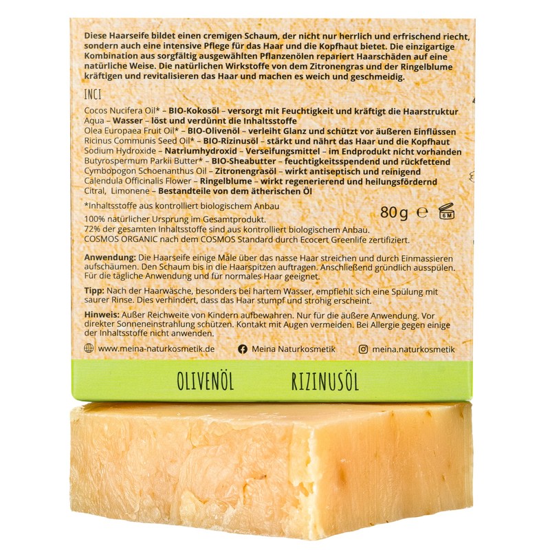 Meina Natural Cosmetics Organic Shampoo Bar with Lemon grass and