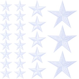 PAGOW 24pcs White Star Iron on Patches, Sew on Embroidered Patches, Iron on Fabric Patches, Appliques Embellishments for Hats, Jackets, Clothes, Decor & Repair (1"+1.8"+3")