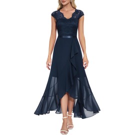 Bbonlinedress Women's Hi-Lo Ruffle Vestidos De Mujer Elegantes V-Neck Floral Lace Formal Wedding Guest Cocktail Party Bridesmaid Dress Navy L