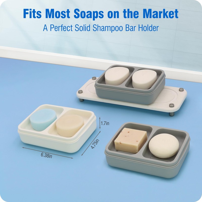 Dual Compartment Soap Dish, Double Bar Soap Holder, Solid Shampoo
