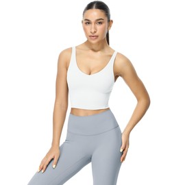 icyzone V Neck Sport Bra for Women, Wireless Padded U Back Yoga Running Bra(White,XL)
