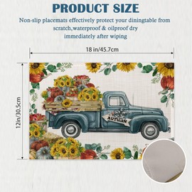 Fall Placemats, Placemats-Pumpkin Autumn Truck Thanksgiving Linen Table Place Mats Set of 4 Non-Slip Heat Resistant Table Mats for Dining Kitchen Cabin Decor 12x18 Inch