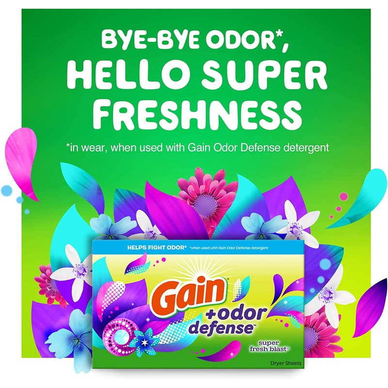 Gain + Odor Defense Dryer Sheets, Super Fresh Blast Scent