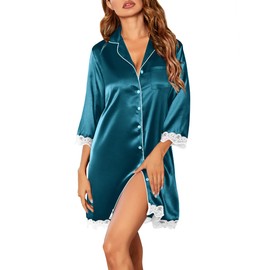 Ekouaer Satin Nightgowns for Women Button Down Sleepshirt 3/4 Sleeve Nightshirts Boyfriend Sleepwear Dark Blue L