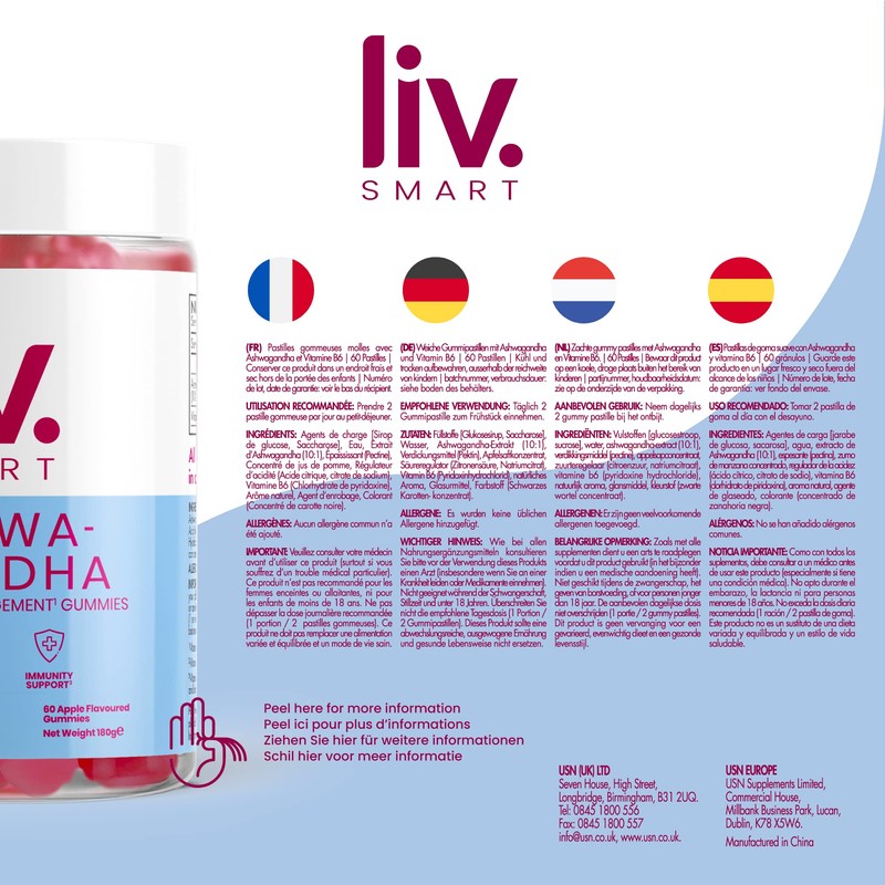 Liv.Smart by Usn Ashwagandha Gummies - 60 Delicious Apple Flavoured