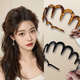 ZOONAI 2 Pcs Zig Zag Headbands for Women Men Girls, Fashion Plastic Hairbands with Teeth Non Slip Sharks Tooth Hair Comb Headbands Hair Hoop Accessories (Black Amber, One Size)