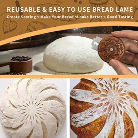 COOHLYEE Bread Lame Sourdough Scoring Tool,Wooden Lame Bread Scoring Tool with 5 Razor Blades and Leather Storage Cover,UFO Bread Lame Dough Scoring Tool for Bread Baking (Lotus)