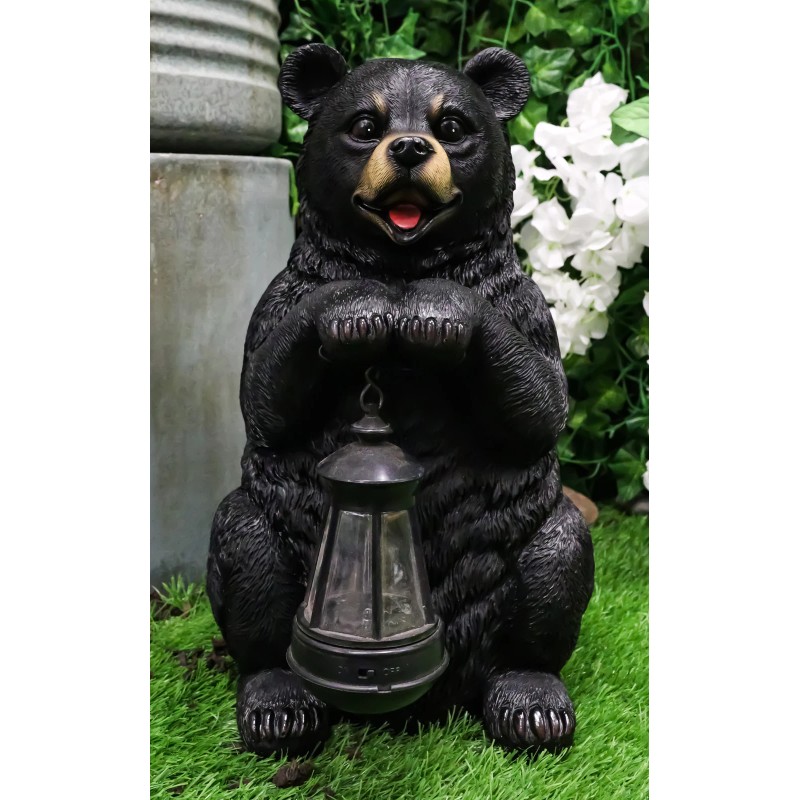 Rustic Garden Cute Black Bear Holding Solar Lantern Path Light