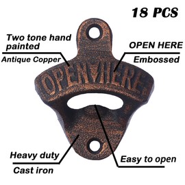 Jumiok 18 PCS Rustic Bottle Cap Opener Wall Mounted Bulk, OPEN HERE Vintage Cast Iron Beer Bottle Top Opener Table Mounted Antique Copper