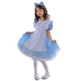 RPFLQ Alice Girl Maid Costume, Princess Dress Cosplay, Halloween Costume, Apron, Short Sleeve, Children's Kids Girls Outfit, Cute Moe Popular Event Activity Dress-up, One Piece, Light Blue, 3-Piece
