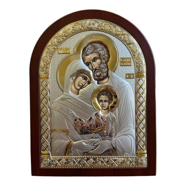 (A-4/005G/K) Holy Family Byzantine Silver Orthodox Icon/Greek Handmade (red, 8x6)
