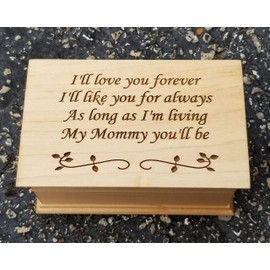 Engraved wooden musical jewelry box with I'll love you forever, I'll like you for always As long as I'm living My Mommy you'll be, wedding gift for Mom