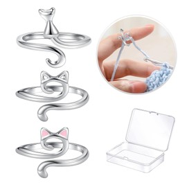 Kotkiddy Metal Crochet Ring, Pack of 3, Adjustable Hooks, Knitted Crochet Loop Accessories, Crochet Knitting Thimble, Thread Guide, Ring, Finger Holder, DIY Knitting Crafts, Cat Ears