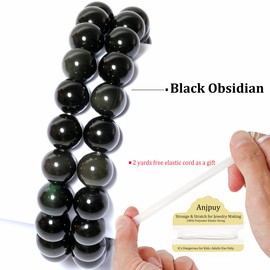 Anjpuy 6MM Natural Stone Beads Round Loose Beads Gemstone for Jewelry Making with Crystal Stretch Cord (Black Obsidian,63PCS)