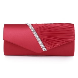Damara Womens Pleated Crystal-Studded Satin Handbag Evening Clutch,Red