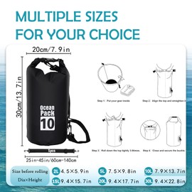 Dry Bag 10L, Boat Dry Bags Black Waterproof Bag Dry Sack Roll Top Long Adjustable Shoulder Strap 2L/5L/10L/20L/30L/40L for Drifting Boating Kayaking Fishing Rafting Swimming Camping Canoeing Surfing