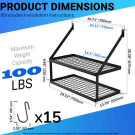 Miyili 30-Inch Kitchen Pot Rack with 15 Hooks, Wall Mounted Hanging Rack for Storage Organizer, 2-Tier Pots Hangers Shelf (Matte Black)