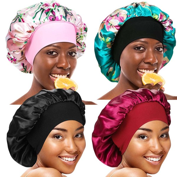 Pack of 4 Wide Band Satin Cap Sleep Cap Soft Night Sleep Cap Hair Loss Cap Salon Bonnet for Women, C-GROUP-3
