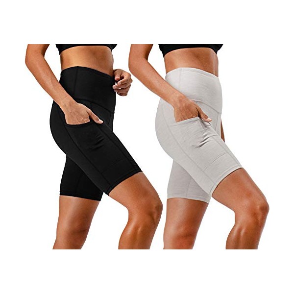 DEVOPS Women's 2-Pack High Waist Workout Yoga Running Exercise Shorts with Side Pockets (X-Small, Black/Heather Light Grey)