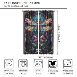 TOWINSFB Mystical Stained Glass Dragonfly Blackout Curtains for Bedroom Living Room, Colorful Floral Plant Insect Curtains Rod Pocket Thermal Insulated Window Drapes, 2 Panels/Each 21" W x 63" L