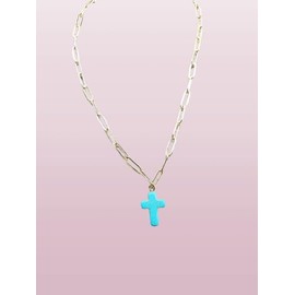 Turquoise Cross Necklace Gold Paperclip Chain Jewelry Faith Gift For Her Dainty